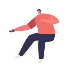 Male Character Controls Tv With Remote. Man Browses Channels, Adjusts Volume, And Searches For Content