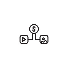 A dollar sign in a circle connected to a play button in a rounded square and a landscape image in a rounded square. Represents monetization of media (video/image), content funding, or payment for digi