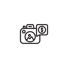 A camera icon displaying a landscape image (mountains/sun) on its screen, with a speech bubble containing a dollar sign ($) next to it. Represents selling photos, monetizing photography, or pricing na