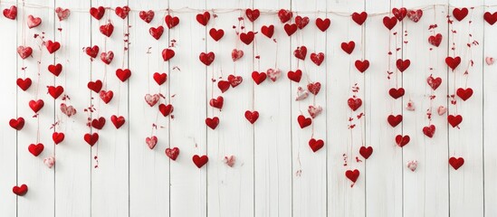 Red heart decorations hanging against a white wooden background with copy space for text placement