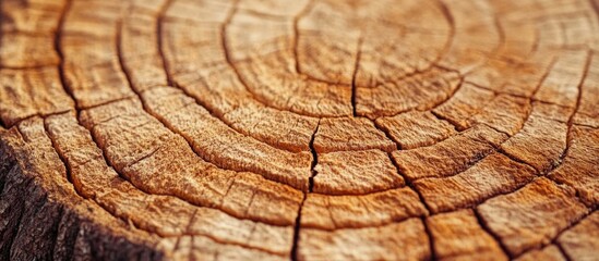 Fototapeta premium Detailed close-up of a cut tree trunk showing annual rings and texture with natural wood patterns Copy Space