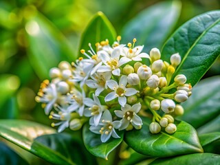 Fototapeta premium Japanese Laurel Small White Flowers Blooming in Spring