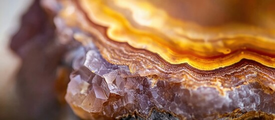Fototapeta premium Close-up of agate stone with layers of orange and purple hues showing texture and mineral patterns Copy Space