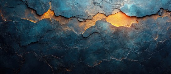 Naklejka premium Textured abstract wall surface with cracks and glowing orange highlights on dark blue background suitable for backgrounds and overlays Copy Space
