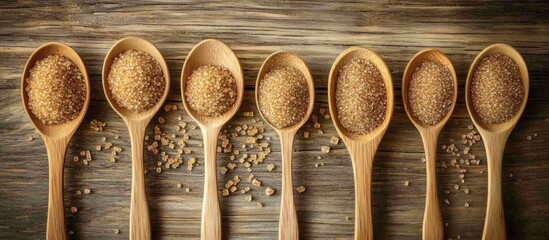 Brown sugar in wooden spoons arranged on rustic wooden table with scattered sugar crystals and ample copy space for text