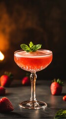 Fresh strawberry summer lemonade cocktail with ice and fruit  pieces. Modern aesthetic.