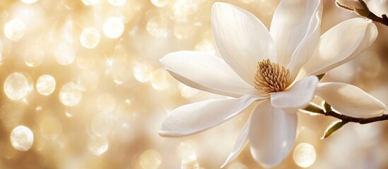 Naklejka premium Elegant Magnolia Bloom Against a Golden Bokeh Background