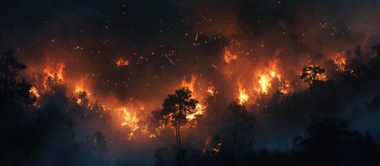 Forest fire raging through trees at night with bright flames and smoke creating dramatic scenery Copy Space