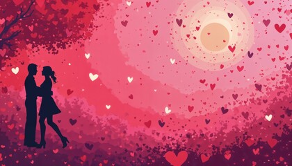 Obraz premium abstract illustration for Valentine's Day celebration, silhouette of a couple of man and woman in nature, many hearts on pink background