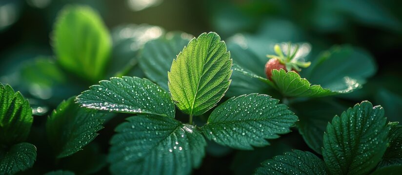 Close-up of strawberry leaves with dew drops and a small unripe berry surrounded by green foliage Copy Space - Powered by Adobe