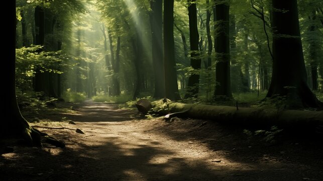 A peaceful forest wallpaper with gentle sunlight filtering through leaves, vacant space on the left side,generative ai illustration