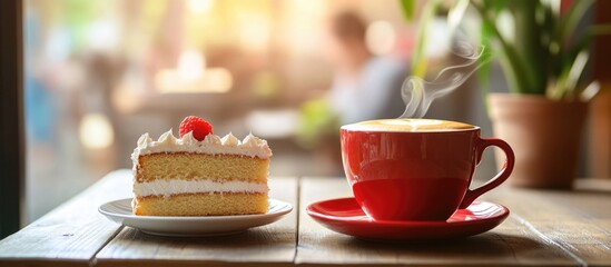Freshly brewed coffee in a red cup alongside a slice of cake with cream and raspberry on a wooden table with soft focus background Copy Space