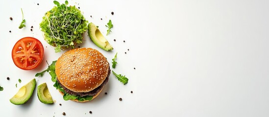 Fresh burger with sesame seed bun, avocado slices, lettuce, tomato, and microgreens on a white background with copy space.