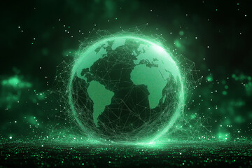 Green glowing digital globe with connected networks and global technology.