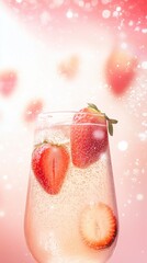 Fresh strawberry summer lemonade cocktail with ice and fruit  pieces. Modern aesthetic.