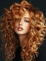 Fototapeta premium Stunning Voluminous Curly Hair Model with Golden Highlights for Fashion Photography