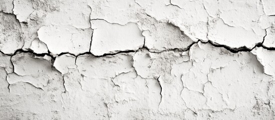 Obraz premium Cracked and weathered white wall surface with peeling paint and deep fissures suitable for texture backgrounds and architectural details. Copy Space