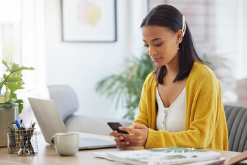 Phone, contact and woman in home typing email for online university application information....