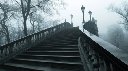 Obraz premium Dark and eerie staircase shrouded in fog, perfect horror background for designers exploring chaos and unsettling atmosphere
