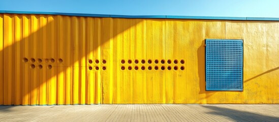 Colorful industrial wall with geometric patterns in yellow and blue, bright sunlight casting shadows, Copy Space available