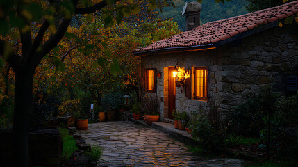Fototapeta premium The house is surrounded by trees, surrounded by yellow lights that are on.