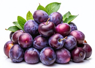 Fototapeta premium Juicy Plums: A Delicious Pile of Fresh Purple Plums Isolated on White Background