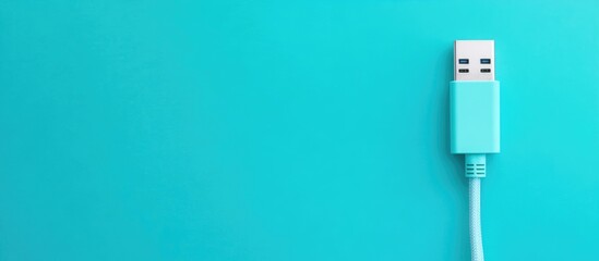USB cable connector on turquoise background with copy space for design and text placement