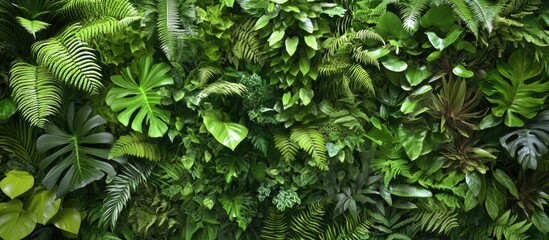 Lush green tropical foliage wall background with various leaves and plants creative design Copy Space