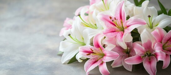 Pink and white lilies bouquet on grey background with Copy Space for text