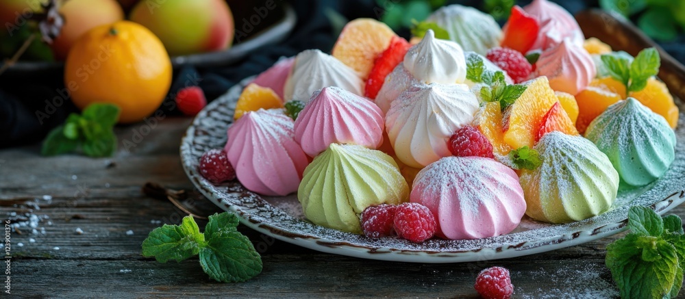 Sticker Colorful meringue sweets on a vintage plate with fresh fruits and mint leaves on a rustic wooden table Copy Space