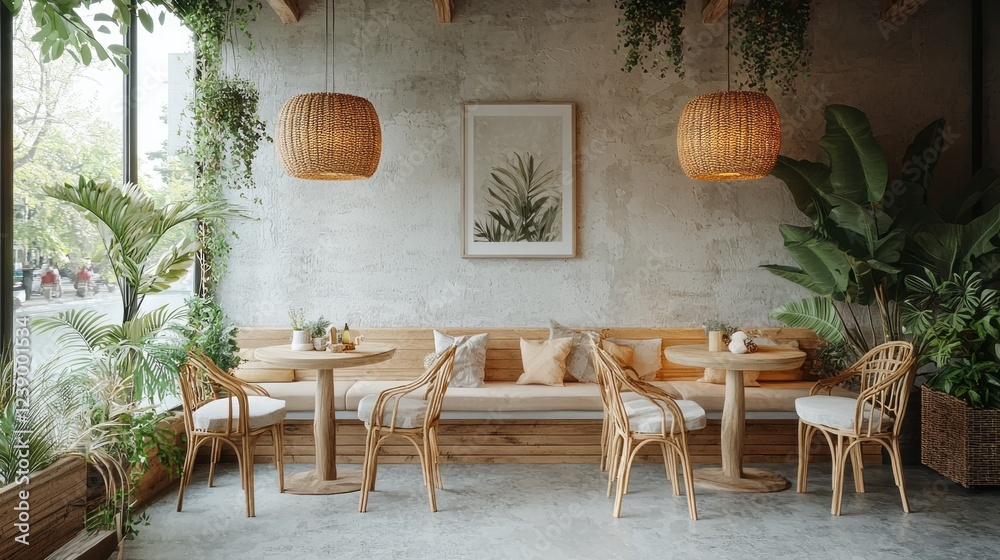 Poster sunlight filters through large windows, illuminating a tranquil cafe adorned with greenery. soft sea