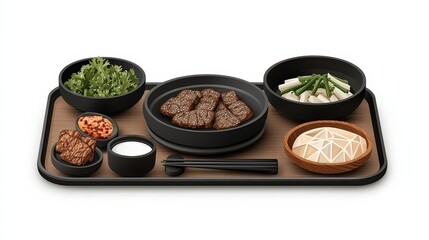Gourmet Asian Cuisine on Serving Tray with Beef, Vegetables, and Traditional Sides