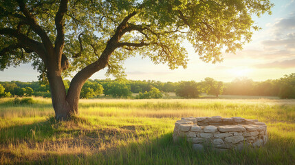 Rustic stone well in peaceful countryside landscape at golden sunrise