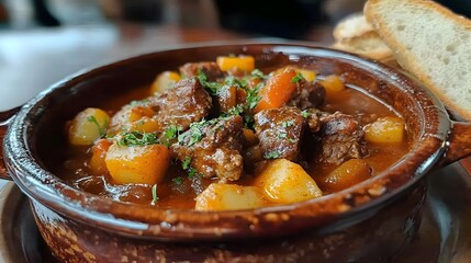 Hearty Homemade Stew with Vegetables and Fresh Herbs in Bowl
