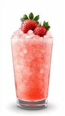 Fresh strawberry summer lemonade cocktail with ice and fruit  pieces. Modern aesthetic.