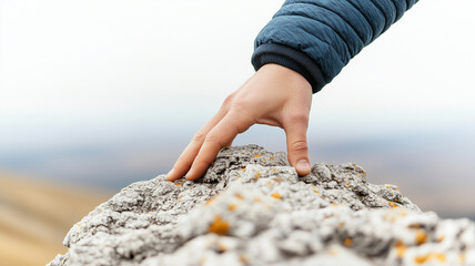 hand gently touches rocky surface, showcasing texture and detail. background features blurred landscape, emphasizing connection with nature