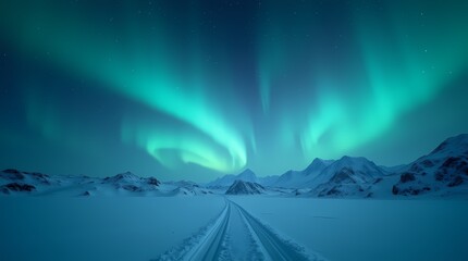 An arctic desert where the sky is illuminated by the northern lights. There is only snow and ice around, but this emptiness has its own magic