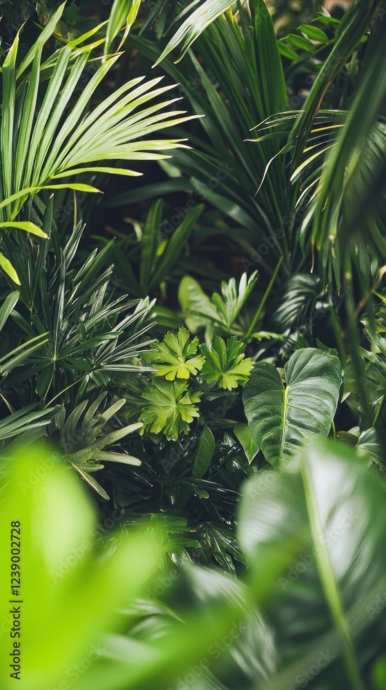 Poster Sunlight filters through thick jungle foliage, highlighting a diverse array of leaves and plants. Vivid greens create a tranquil atmosphere in this thriving ecosystem, inviting exploration