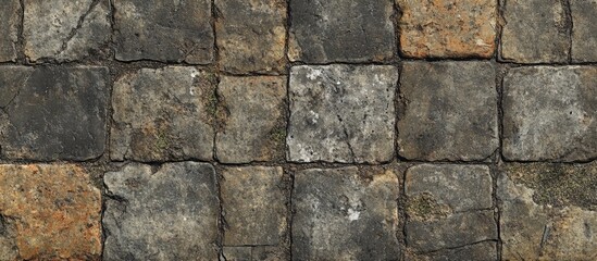 Stone pavement texture with irregular rectangular stones in various shades of gray and brown, suitable for background use, Copy Space.
