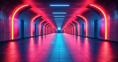 Futuristic Corridor with Neon Lights and Soft Reflections in a Cyberpunk Style Interior