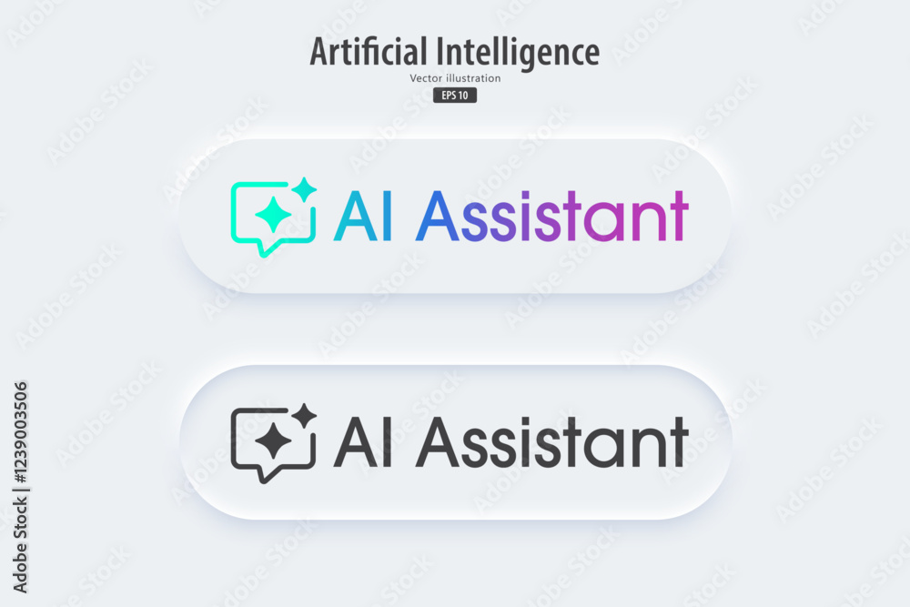 Poster Modern AI Assistant button. Automated assistance services. AI support button in trendy neuromorphic style for Apps, websites, and interfaces. UI UX elements. Vector illustration.