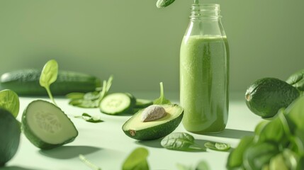 Green detox smoothie with cucumber, avocado and fresh vegetables in a bottle. Healthy food concept background