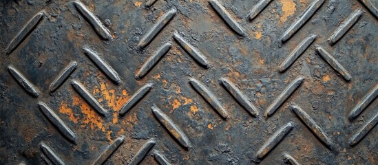 Rusty metal surface with diamond plate pattern and textured details, featuring dark tones and some orange corrosion, ideal for industrial backgrounds. Copy Space.