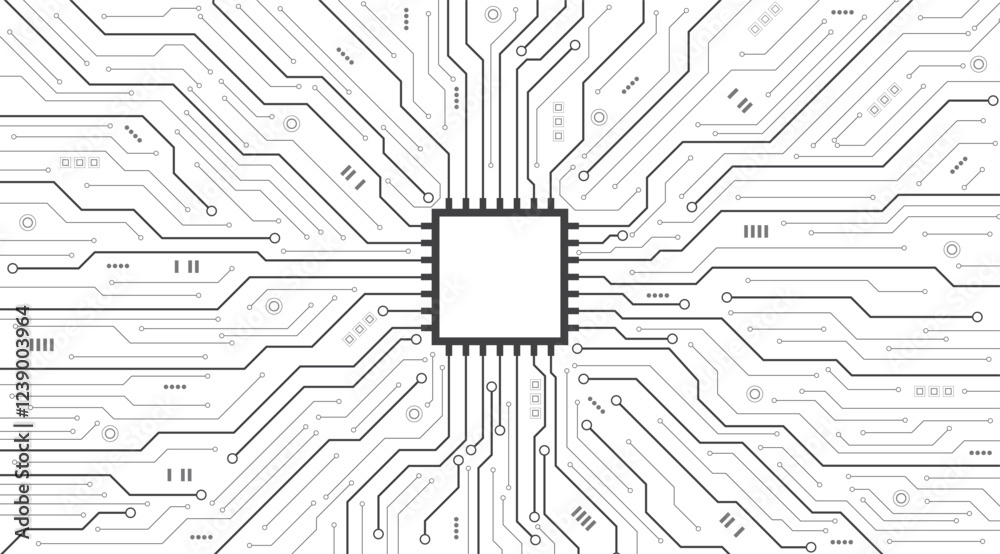 Poster Abstract AI circuit board background in black and white tone. Top view electronic motherboard background. High-tech circuit board connection system. Vector illustration.