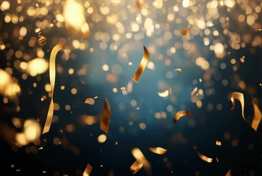 Golden confetti and streamers falling against a soft-focus blue background, creating a festive and celebratory atmosphere for events and parties