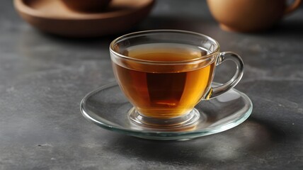 Tea bag in a glass cup with hot drink on a gray table, closeup shot, showcasing the steam rising and clear details of the cup.

