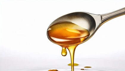 golden honey dripping slowly from a spoon showcasing its rich texture and sweetness studio view isolated on white background
