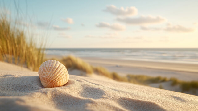 beautiful seashell rests on soft sand, surrounded by gentle dunes and serene beach landscape. sun sets in background, casting warm glow over tranquil scene