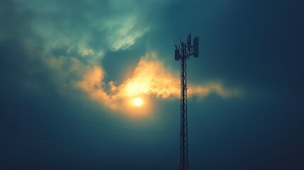 Obraz premium Telecommunications Tower Silhouette at Sunset Sky