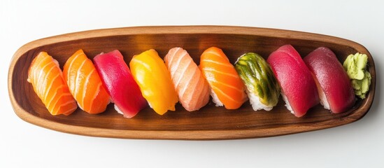 Assorted sushi rolls on a wooden platter with wasabi and pickled ginger isolated on white background with copy space